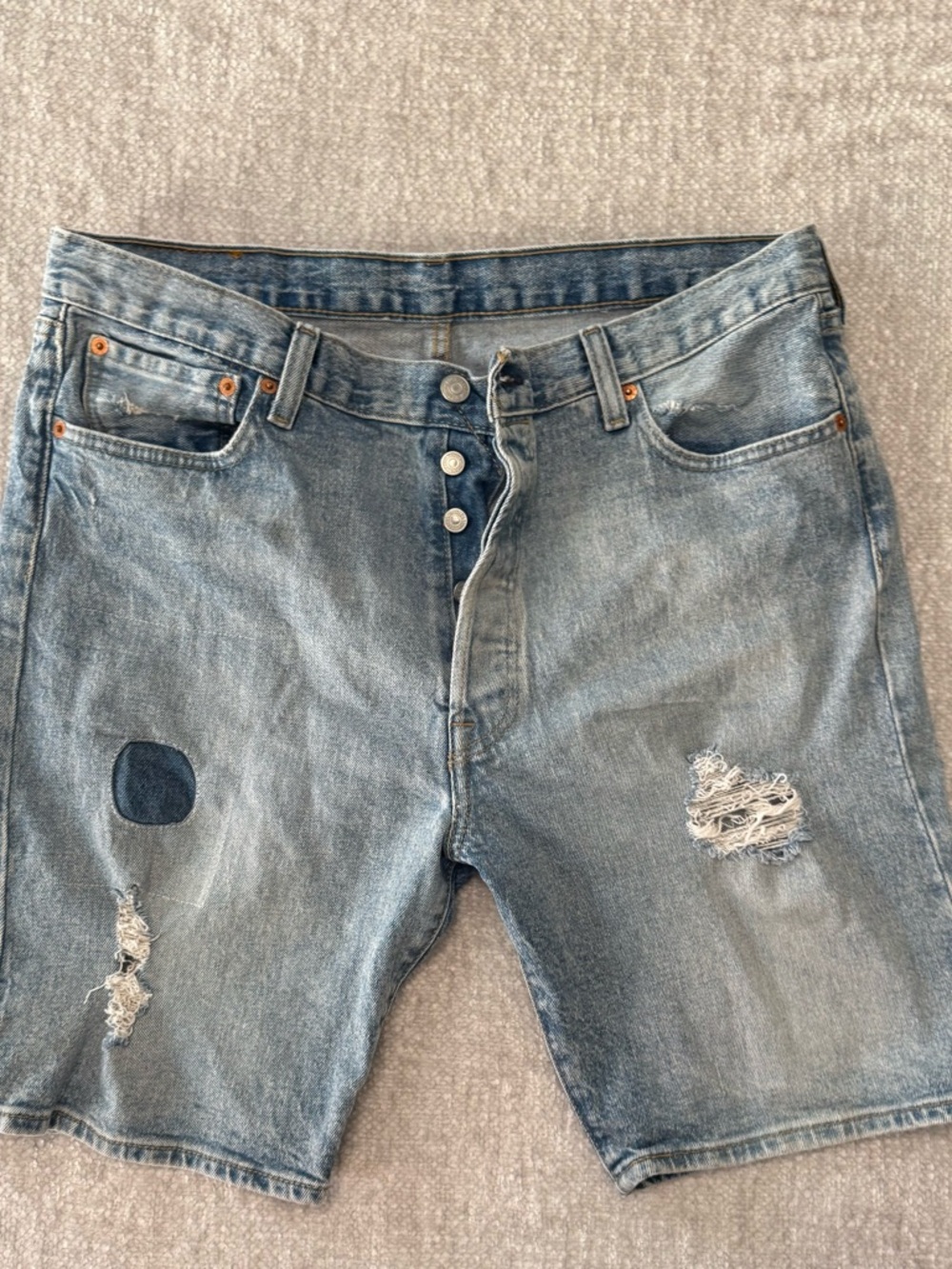 Levi's Light Blue Button-Fly‎ Distressed Denim Shorts